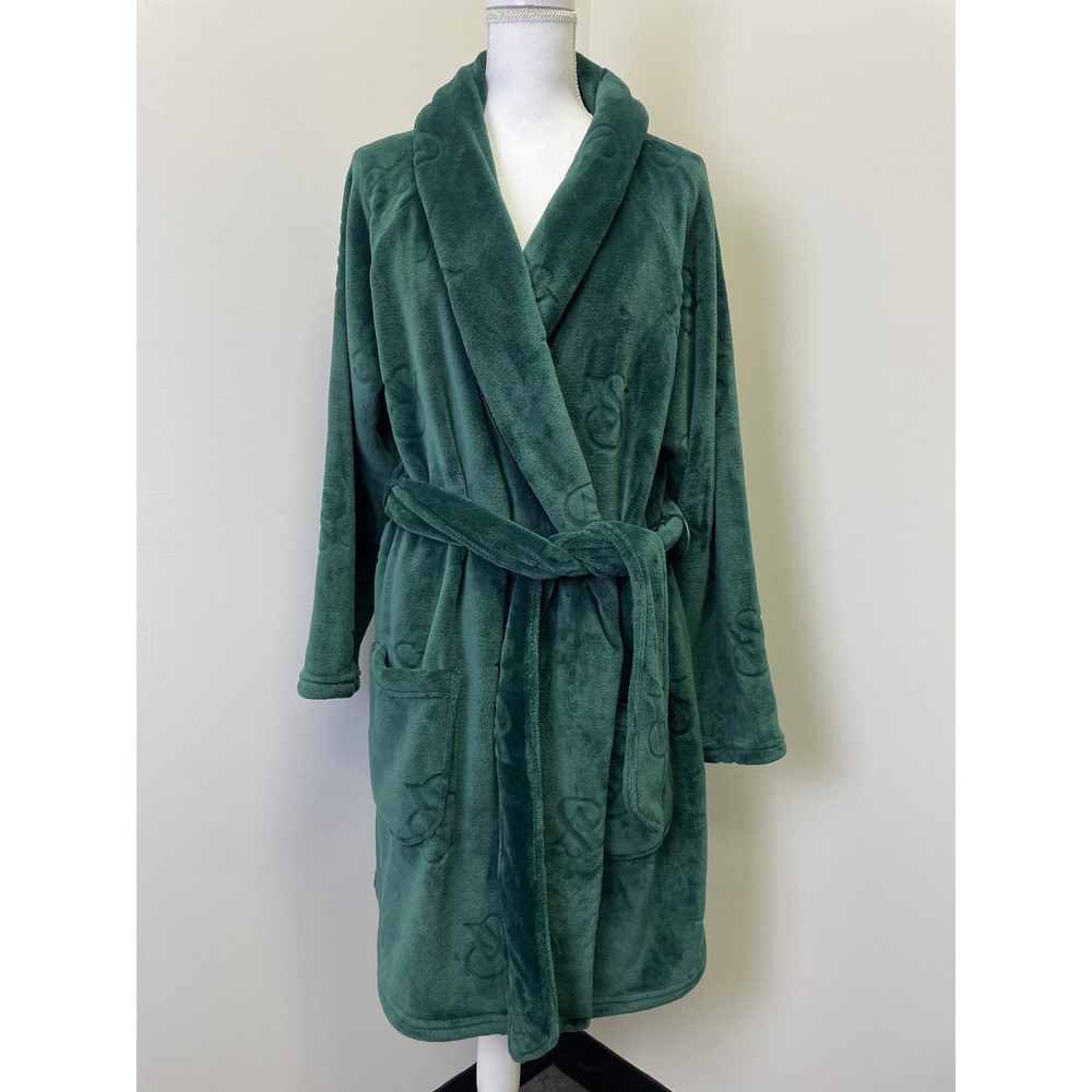 Victorias Secret Emerald Green Plush Fleece Logo Robe M/L Shawl Collar Belted